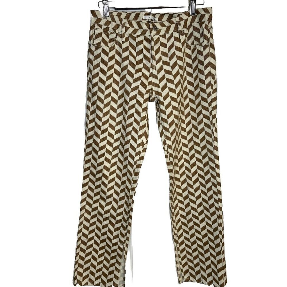 PacSun Jeans Womens 27 Low Rise Straight Button Fly Chevron Tan Cream Ankle Slit
